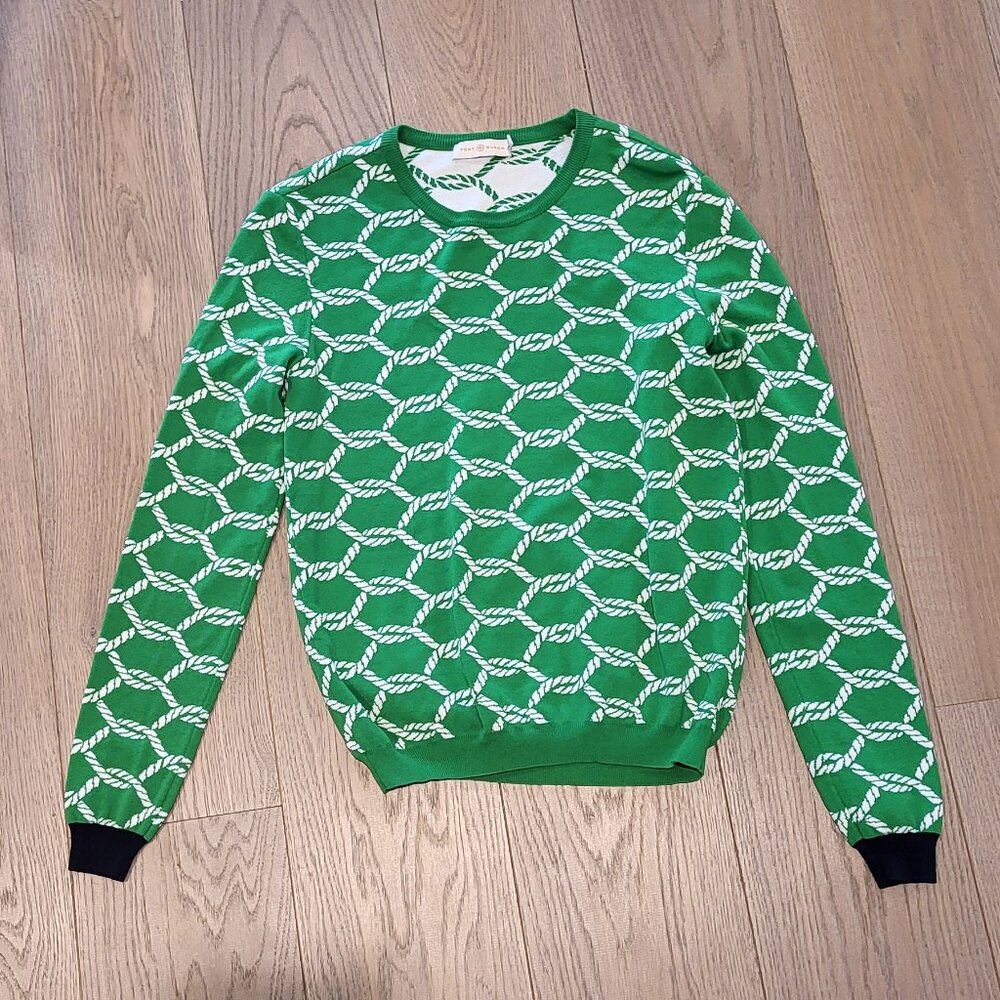 Tory Burch Green & White Rope-Print Crewneck Sweater